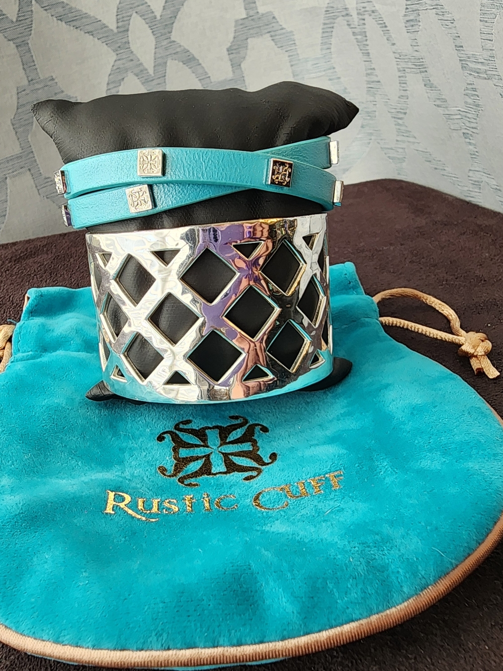 Rustic Cuff Turquoise Wrap and Silver Lattice Cuff Bracelet Set